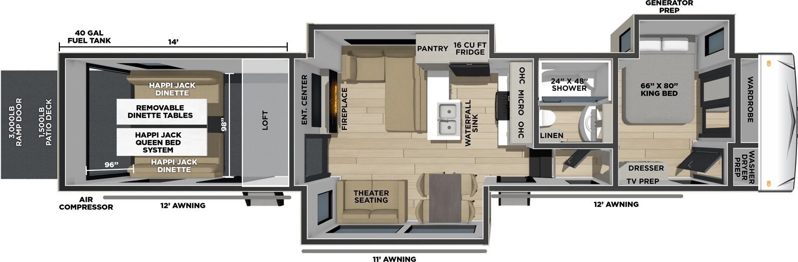 The Stealth 4114GX floorplan is a toy hauler that has two entries and three slide outs. Exterior features include: fiberglass exterior, 12' and 11' & 12' awning. Interiors features include: free-standing dinette option and front bedroom.